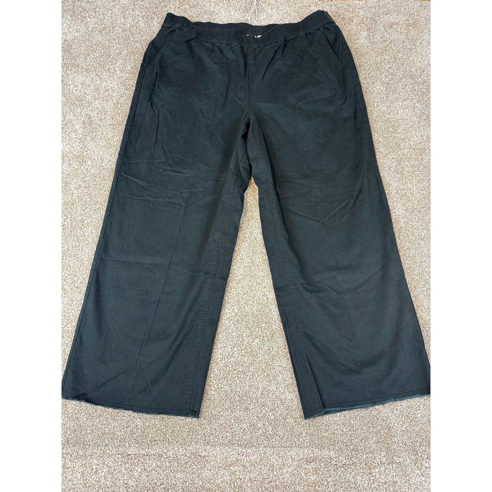 Denim & Co Womens Black Wide Leg Crop Pants Elastic Waist Raw‎ Hem Large L